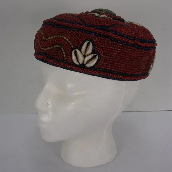 BEADED COWIRE SHELL SILVER TURQUOISE CULTURAL ETHNIC TRIBAL HAT HAND MADE Hats